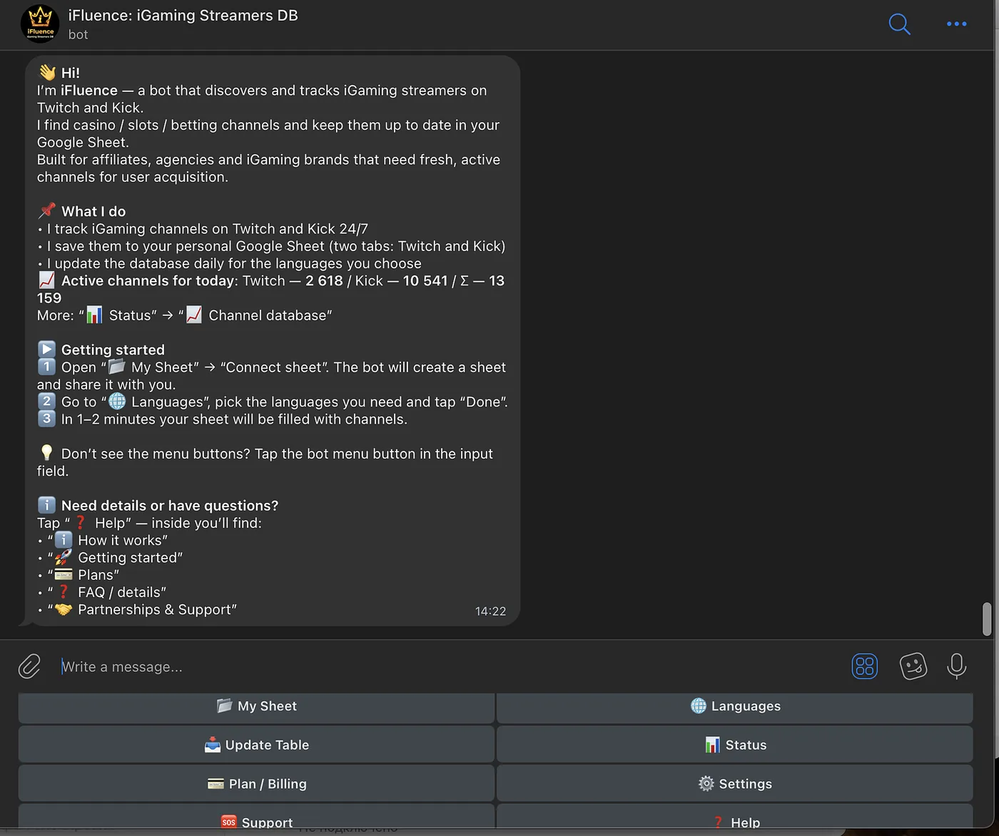 iFluence — Telegram bot: menu and status